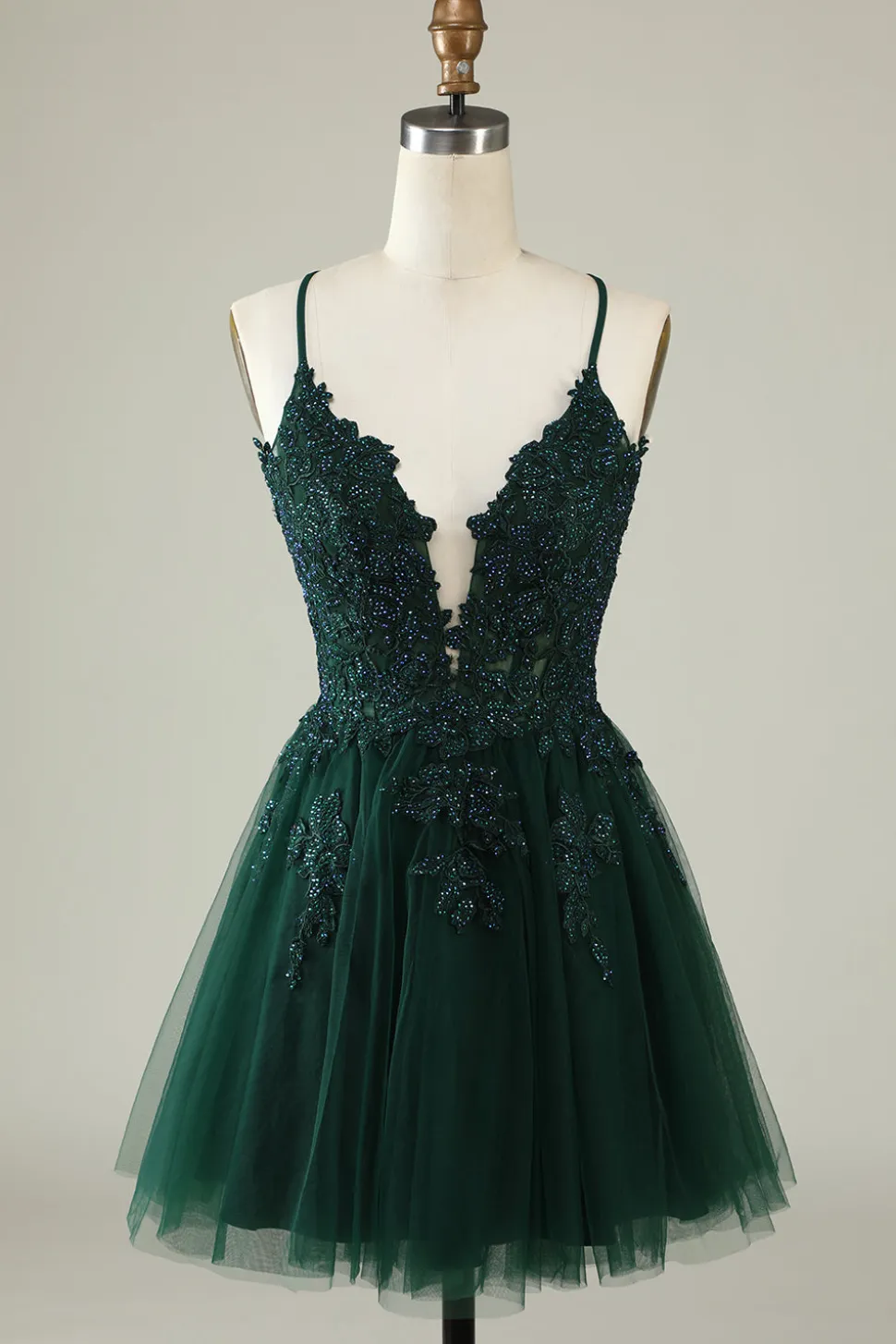 A Line Cintas de Espaguete Verde Escuro Vestido de Cocktail Com Apliques