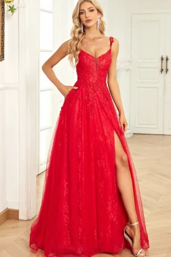 A Line Cintas de Espaguete Vermelho Vestido de Baile Com Apliques