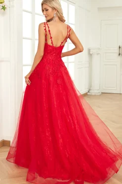 A Line Cintas de Espaguete Vermelho Vestido de Baile Com Apliques