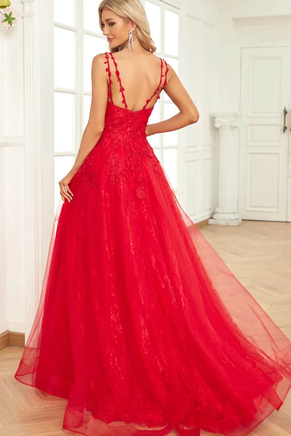 A Line Cintas de Espaguete Vermelho Vestido de Baile Com Apliques