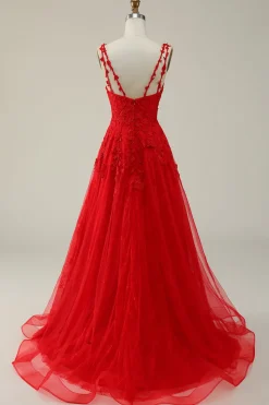 A Line Cintas de Espaguete Vermelho Vestido de Baile Com Apliques