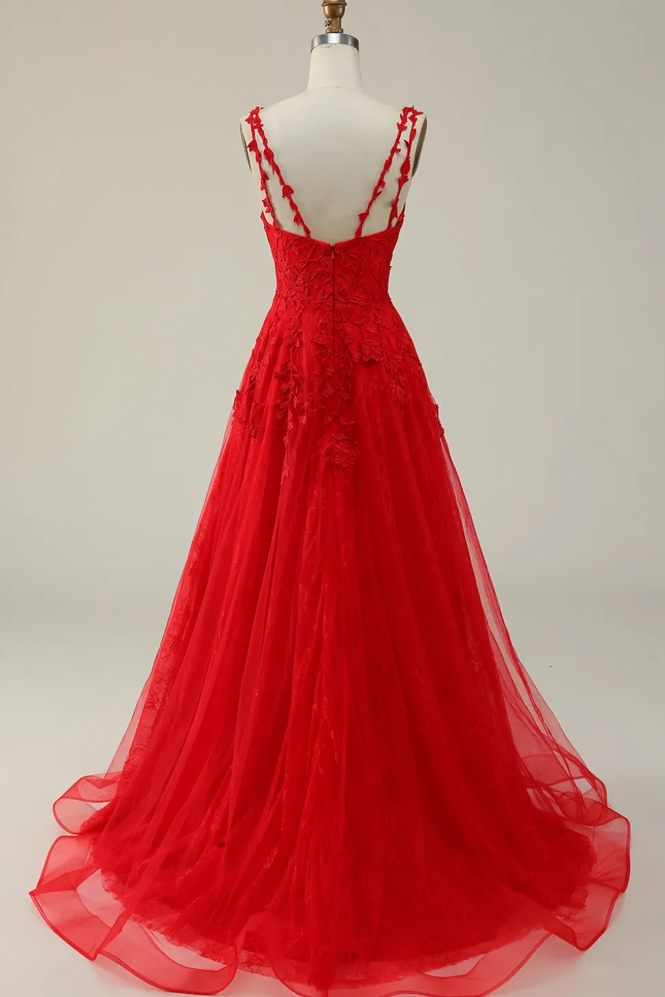 A Line Cintas de Espaguete Vermelho Vestido de Baile Com Apliques