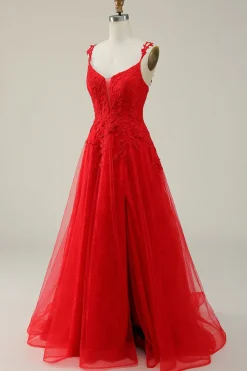 A Line Cintas de Espaguete Vermelho Vestido de Baile Com Apliques