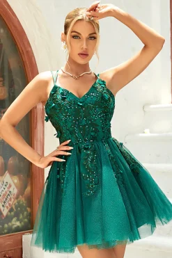 A Line Cintas de Espaguete Verde Escuro Vestido de Cocktail Com Apliques