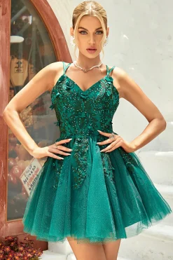 A Line Cintas de Espaguete Verde Escuro Vestido de Cocktail Com Apliques