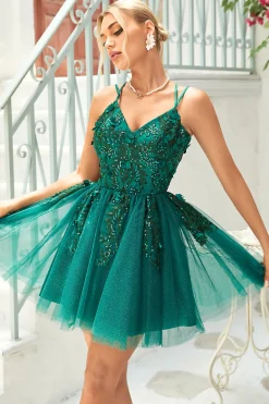 A Line Cintas de Espaguete Verde Escuro Vestido de Cocktail Com Apliques