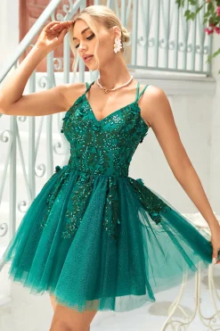 A Line Cintas de Espaguete Verde Escuro Vestido de Cocktail Com Apliques