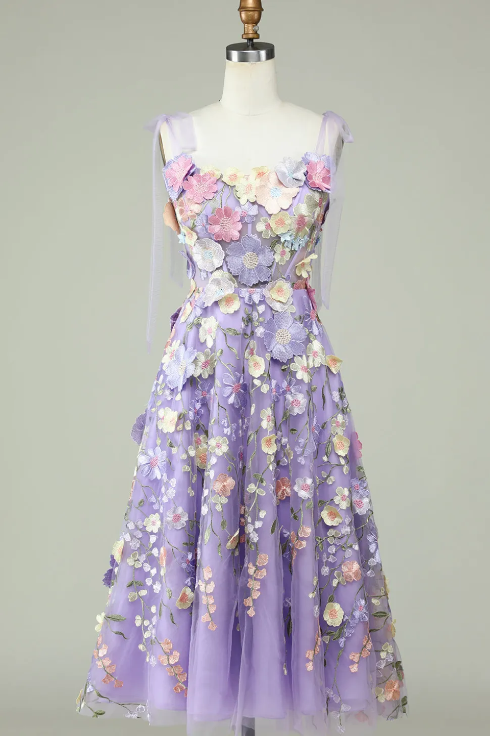 A Line Cintas de Espaguete Roxo Vestido de Baile Com Flores 3D