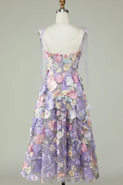 A Line Cintas de Espaguete Roxo Vestido de Baile Com Flores 3D