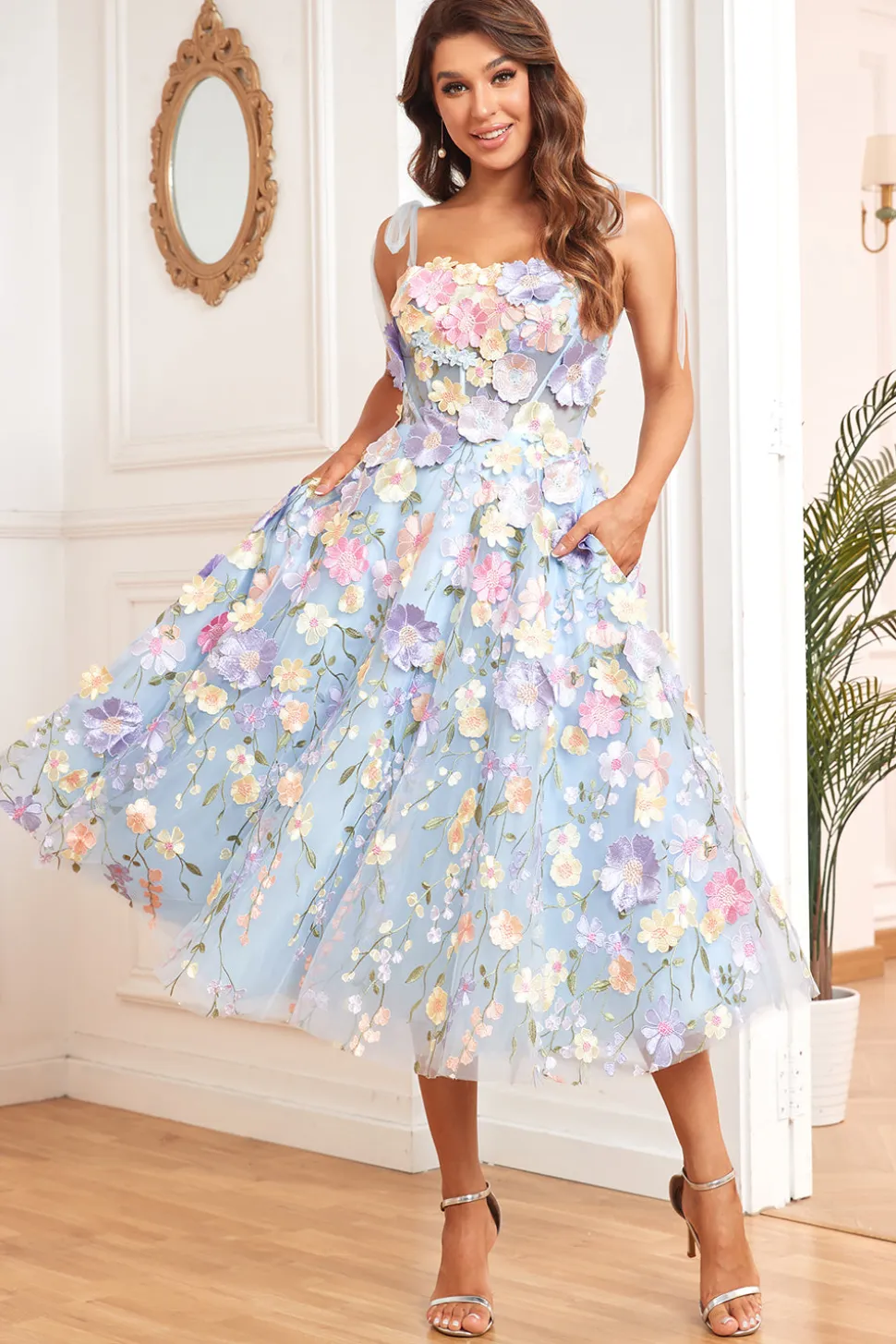 A Line Cintas de Espaguete Roxo Vestido de Baile Com Flores 3D