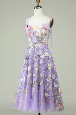 A Line Cintas de Espaguete Roxo Vestido de Baile Com Flores 3D