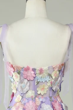 A Line Cintas de Espaguete Roxo Vestido de Baile Com Flores 3D