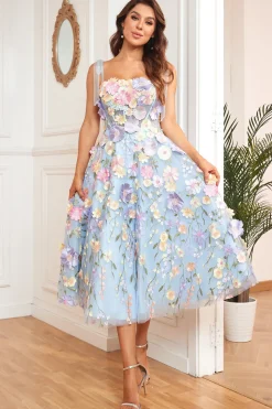 A Line Cintas de Espaguete Roxo Vestido de Baile Com Flores 3D
