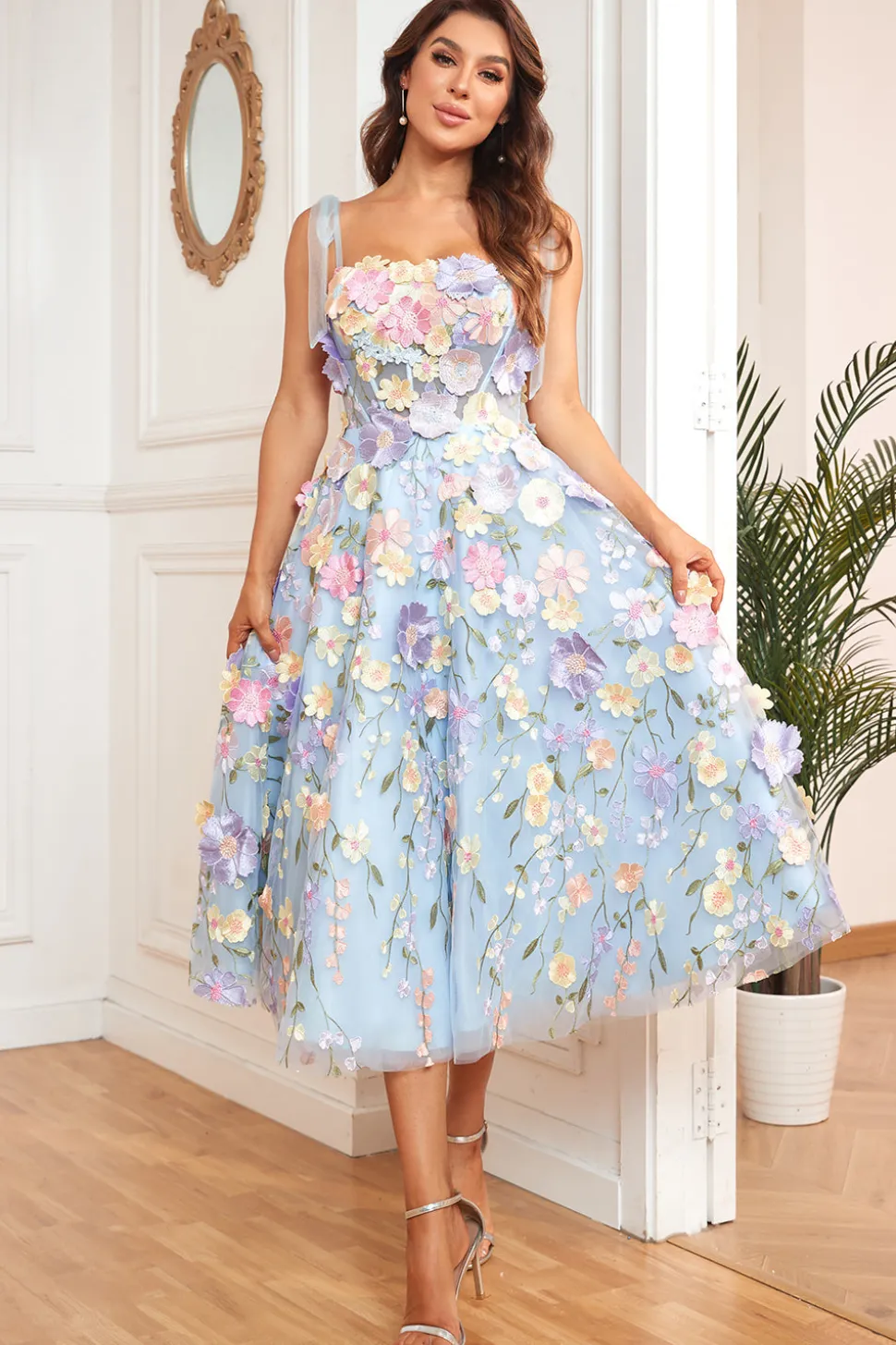 A Line Cintas de Espaguete Roxo Vestido de Baile Com Flores 3D
