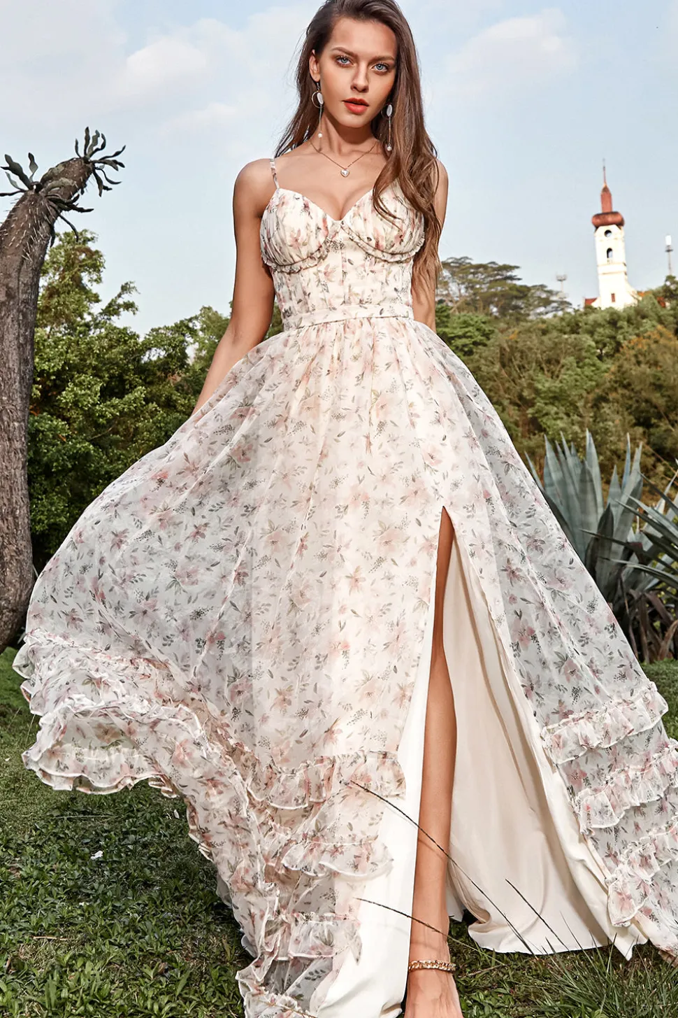 A Line Cintas de Espaguete Marfim Vestido de Festa