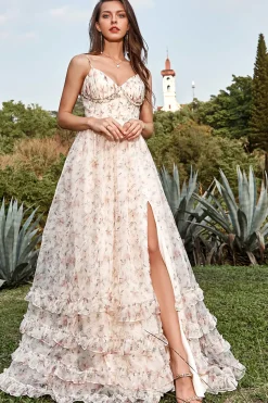 A Line Cintas de Espaguete Marfim Vestido de Festa