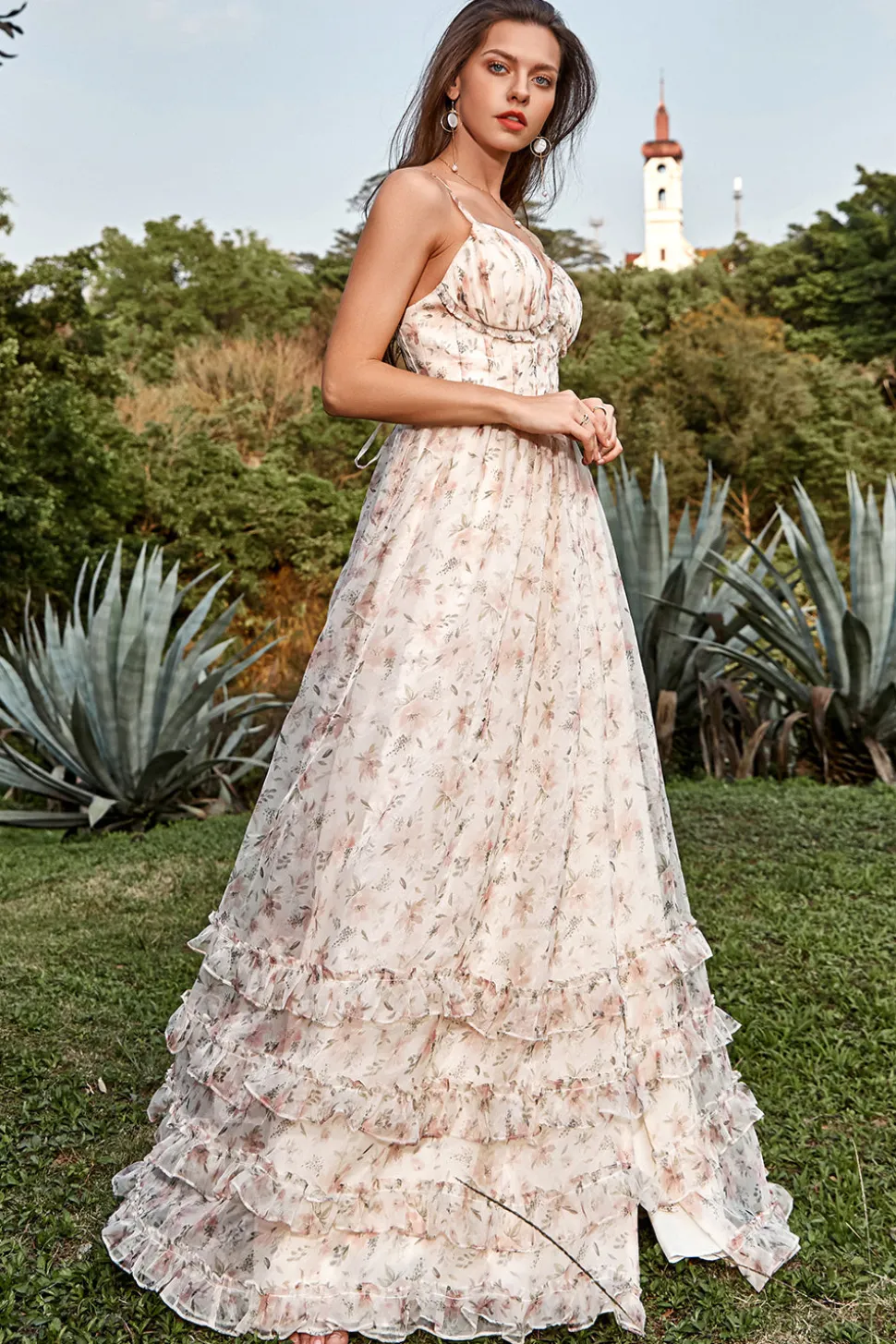 A Line Cintas de Espaguete Marfim Vestido de Festa