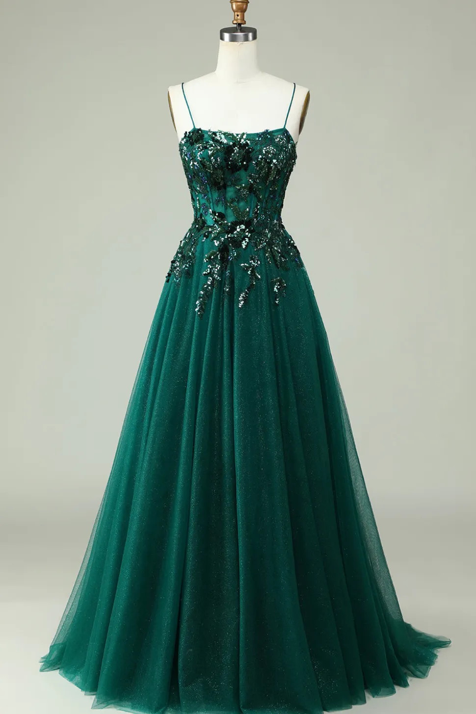 A Line Cintas de Espaguete Verde Escuro Vestido Cerimónia