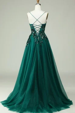 A Line Cintas de Espaguete Verde Escuro Vestido Cerimónia