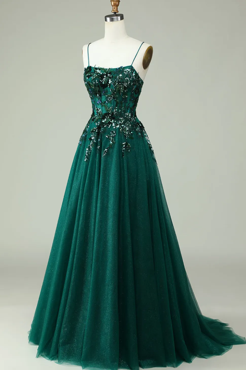 A Line Cintas de Espaguete Verde Escuro Vestido Cerimónia
