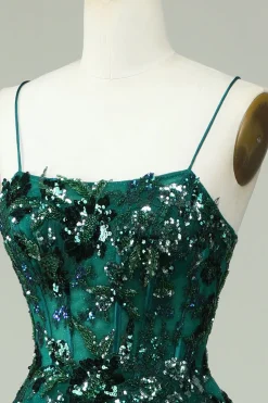 A Line Cintas de Espaguete Verde Escuro Vestido Cerimónia