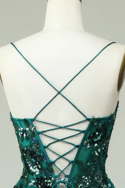 A Line Cintas de Espaguete Verde Escuro Vestido Cerimónia