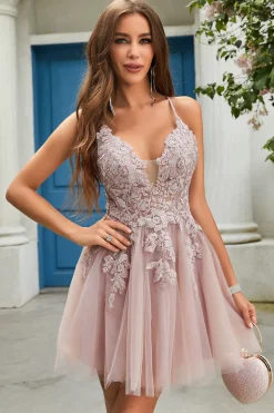 A Line Cintas de Espaguete Rosa Vestido de Cocktail