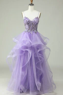 A Line Cintas de Espaguete Roxo Vestido de Baile Com Apliques