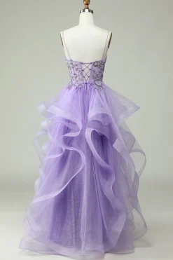 A Line Cintas de Espaguete Roxo Vestido de Baile Com Apliques