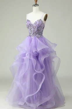 A Line Cintas de Espaguete Roxo Vestido de Baile Com Apliques