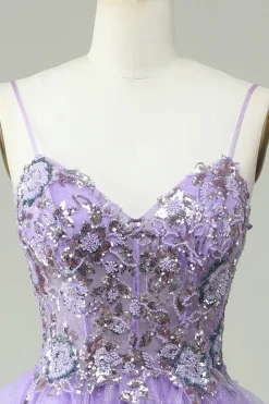 A Line Cintas de Espaguete Roxo Vestido de Baile Com Apliques