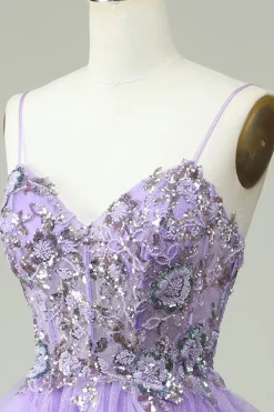 A Line Cintas de Espaguete Roxo Vestido de Baile Com Apliques