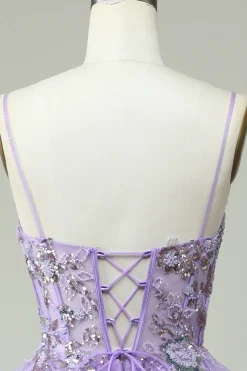 A Line Cintas de Espaguete Roxo Vestido de Baile Com Apliques