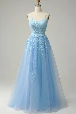 A Line Cintas de Espaguete Vestido de Festa Azul