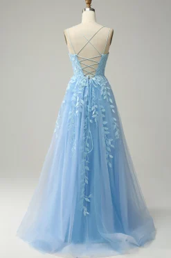 A Line Cintas de Espaguete Vestido de Festa Azul