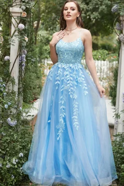A Line Cintas de Espaguete Vestido de Festa Azul