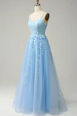 A Line Cintas de Espaguete Vestido de Festa Azul