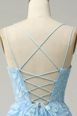 A Line Cintas de Espaguete Vestido de Festa Azul