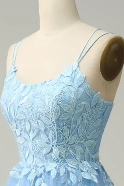 A Line Cintas de Espaguete Vestido de Festa Azul