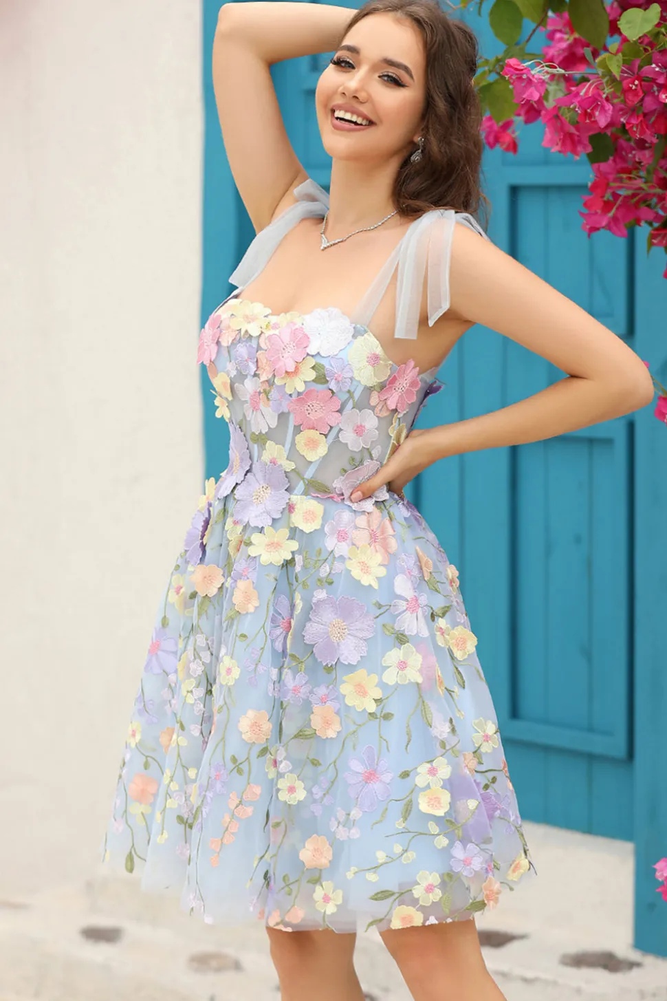 A Line Cintas de Espaguete Roxo Vestido de Cocktail Com Flores 3D