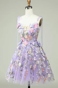 A Line Cintas de Espaguete Roxo Vestido de Cocktail Com Flores 3D