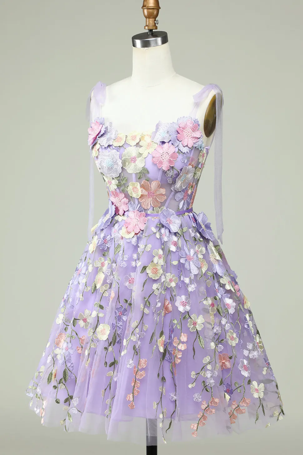 A Line Cintas de Espaguete Roxo Vestido de Cocktail Com Flores 3D