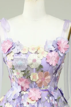 A Line Cintas de Espaguete Roxo Vestido de Cocktail Com Flores 3D