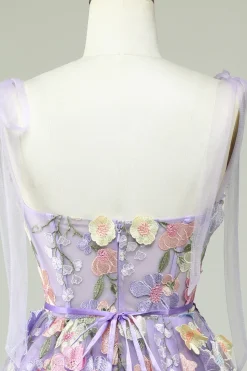 A Line Cintas de Espaguete Roxo Vestido de Cocktail Com Flores 3D
