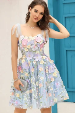A Line Cintas de Espaguete Roxo Vestido de Cocktail Com Flores 3D