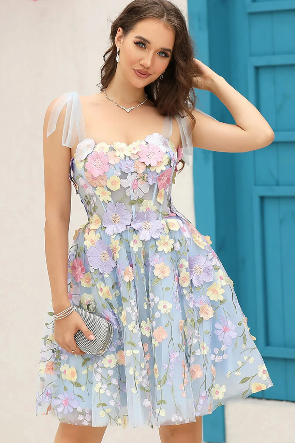 A Line Cintas de Espaguete Roxo Vestido de Cocktail Com Flores 3D