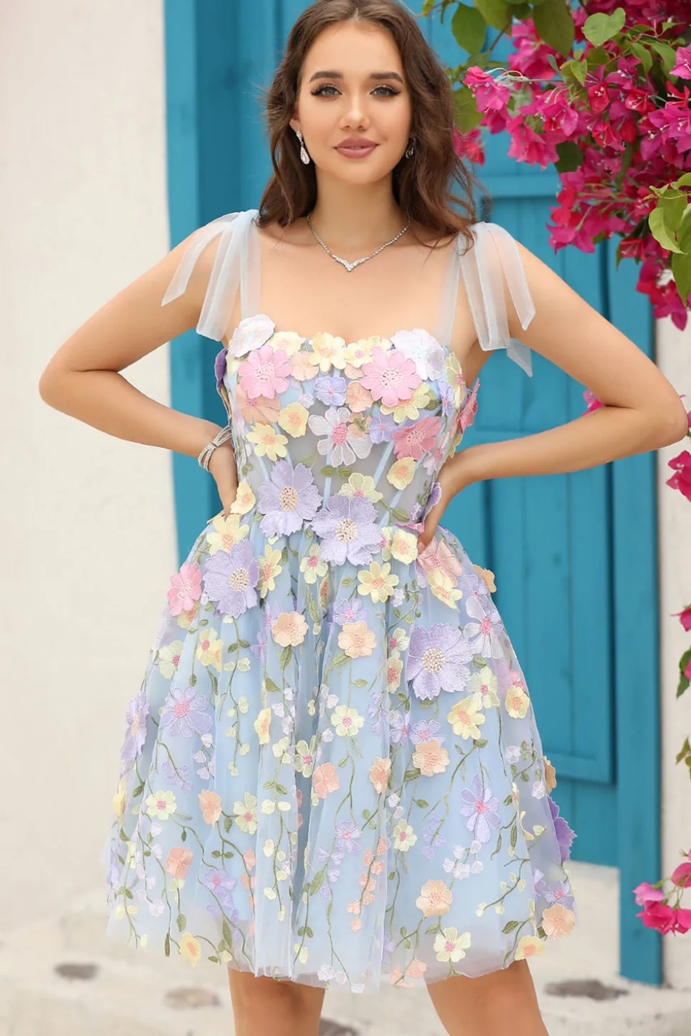 A Line Cintas de Espaguete Roxo Vestido de Cocktail Com Flores 3D