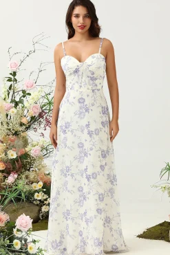 A Line Cintas de Espaguete Roxo Flor Estampado Vestido de Dama de Honor