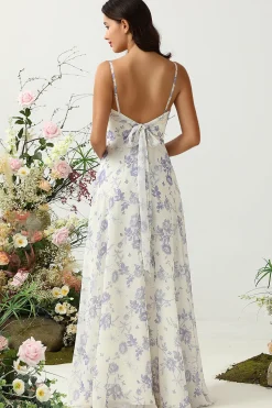 A Line Cintas de Espaguete Roxo Flor Estampado Vestido de Dama de Honor