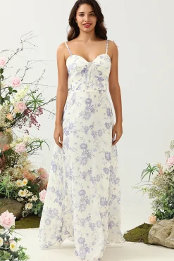 A Line Cintas de Espaguete Roxo Flor Estampado Vestido de Dama de Honor